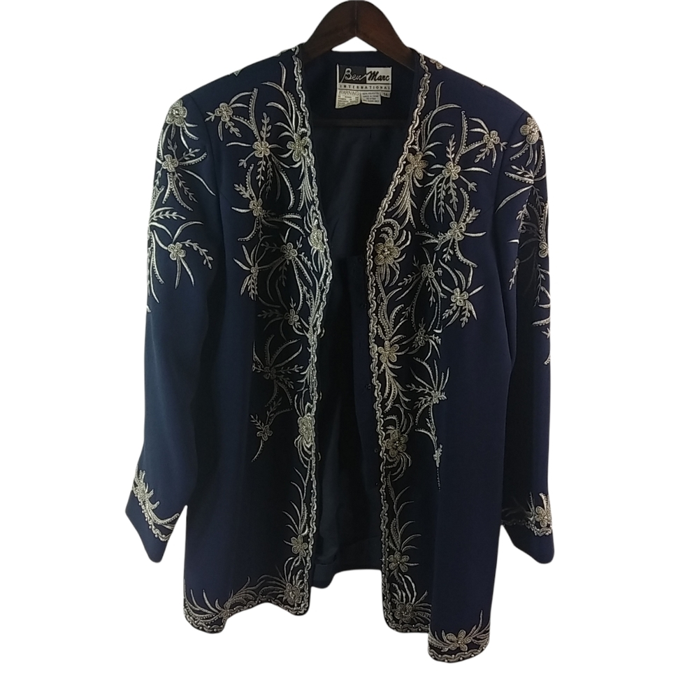 BenMarc 14 Navy Beaded Church Skirt Suit Plus